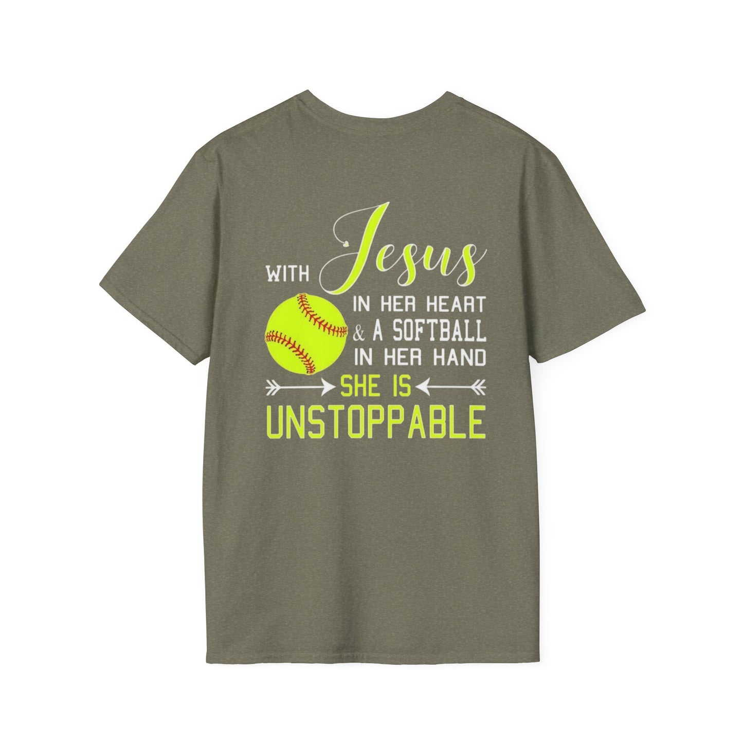 Unisex Softstyle T-Shirt - Unstoppable Softball Player Tee, Softball Gift, Christian Athlete Shirt, Sports Motivation, Inspirational Tee