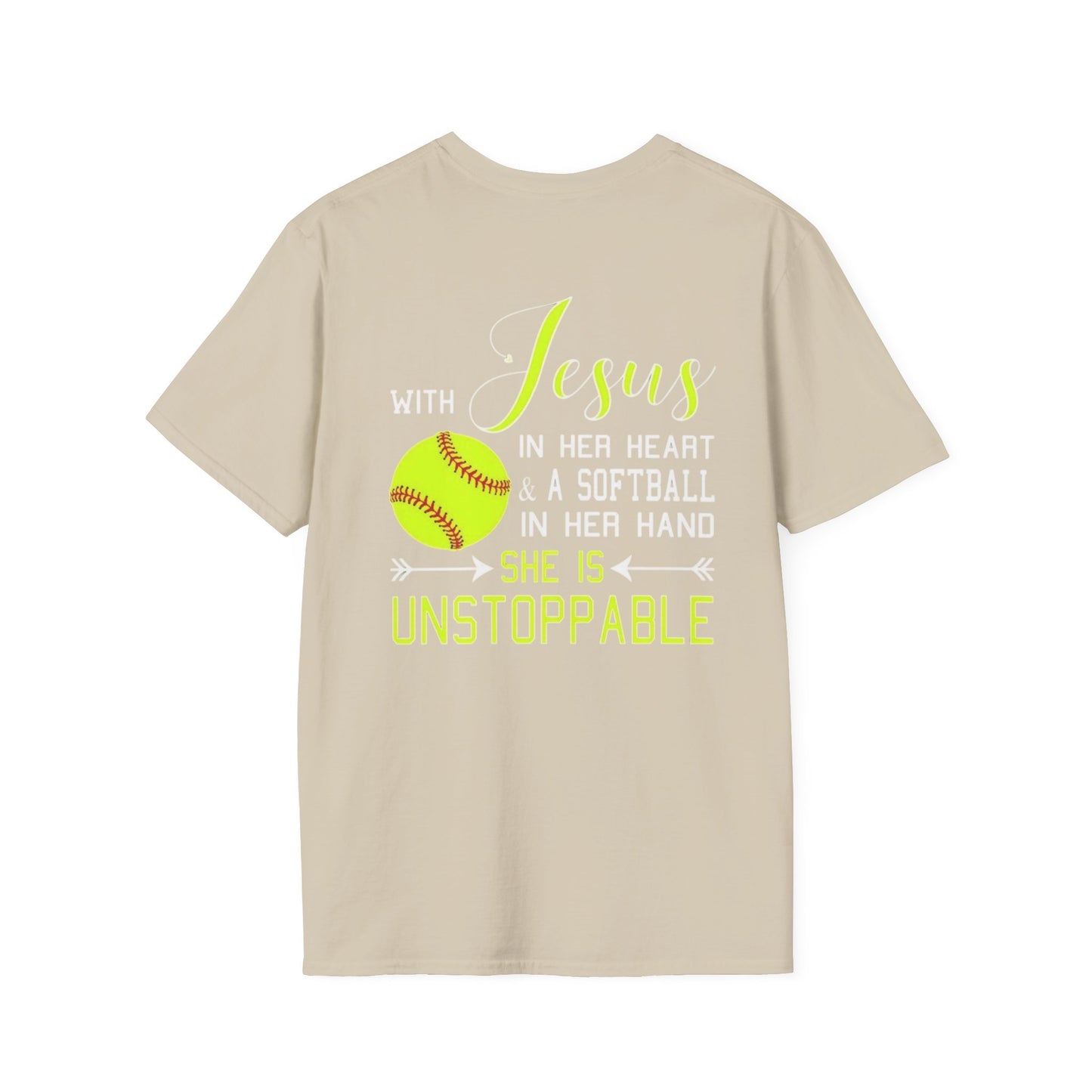 Unisex Softstyle T-Shirt - Unstoppable Softball Player Tee, Softball Gift, Christian Athlete Shirt, Sports Motivation, Inspirational Tee