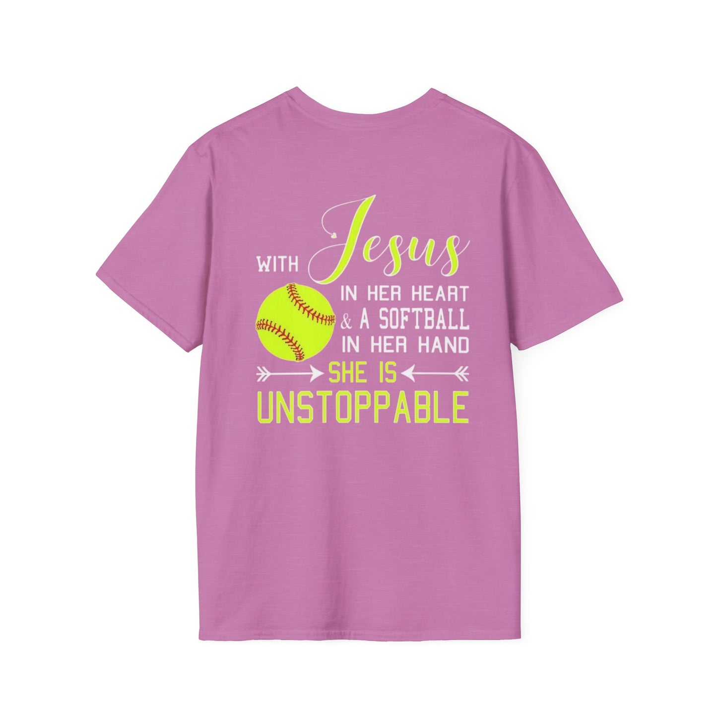 Unisex Softstyle T-Shirt - Unstoppable Softball Player Tee, Softball Gift, Christian Athlete Shirt, Sports Motivation, Inspirational Tee