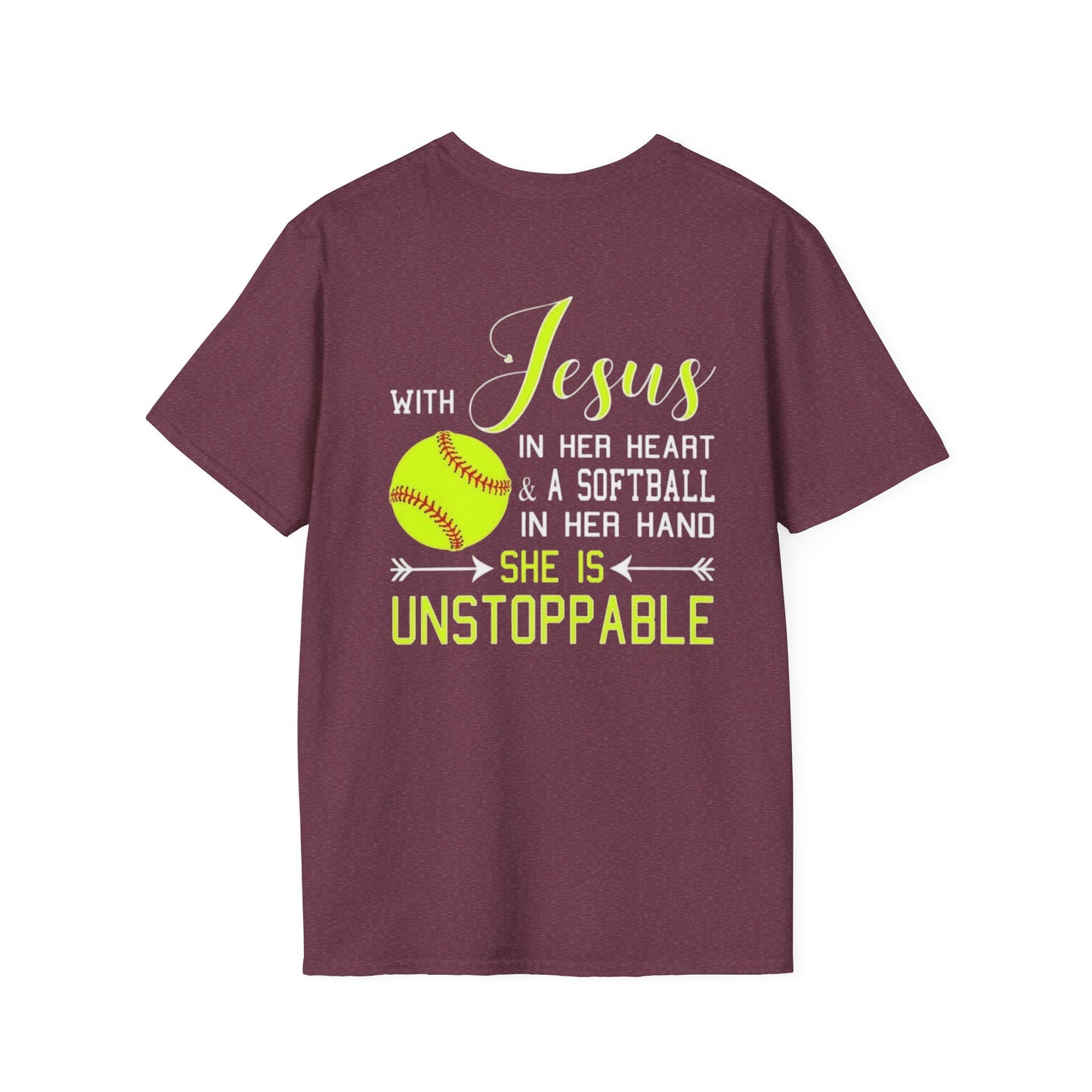 Unisex Softstyle T-Shirt - Unstoppable Softball Player Tee, Softball Gift, Christian Athlete Shirt, Sports Motivation, Inspirational Tee