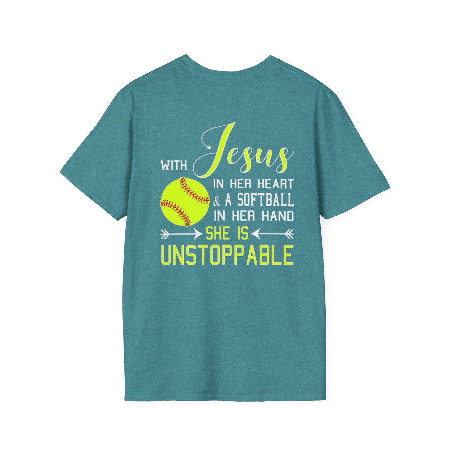 Unisex Softstyle T-Shirt - Unstoppable Softball Player Tee, Softball Gift, Christian Athlete Shirt, Sports Motivation, Inspirational Tee