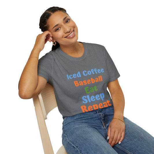 Baseball Graphic Tee - Iced Coffee, Eat Sleep Repeat Shirt, Unisex Softstyle T-Shirt, Sportswear, Summer Gift