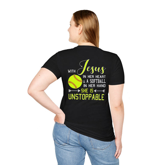 Unisex Softstyle T-Shirt - Unstoppable Softball Player Tee, Softball Gift, Christian Athlete Shirt, Sports Motivation, Inspirational Tee